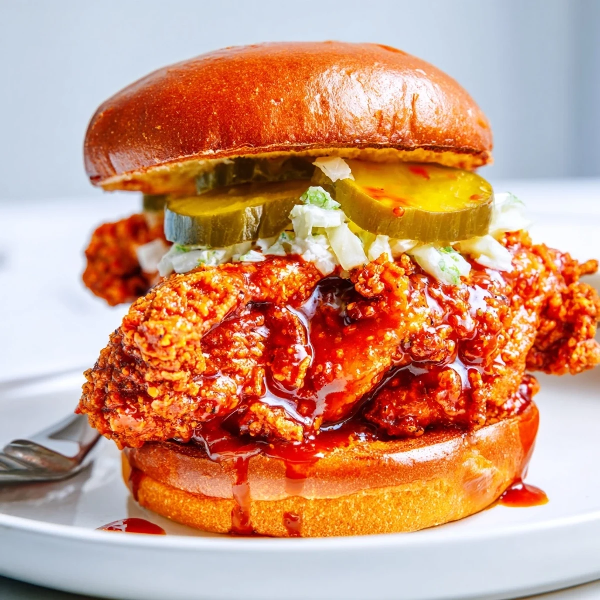 Buttery toasted brioche crowns Spicy Nashville Hot Chicken Sandwiches Recipe To Savor, tangy pickles.