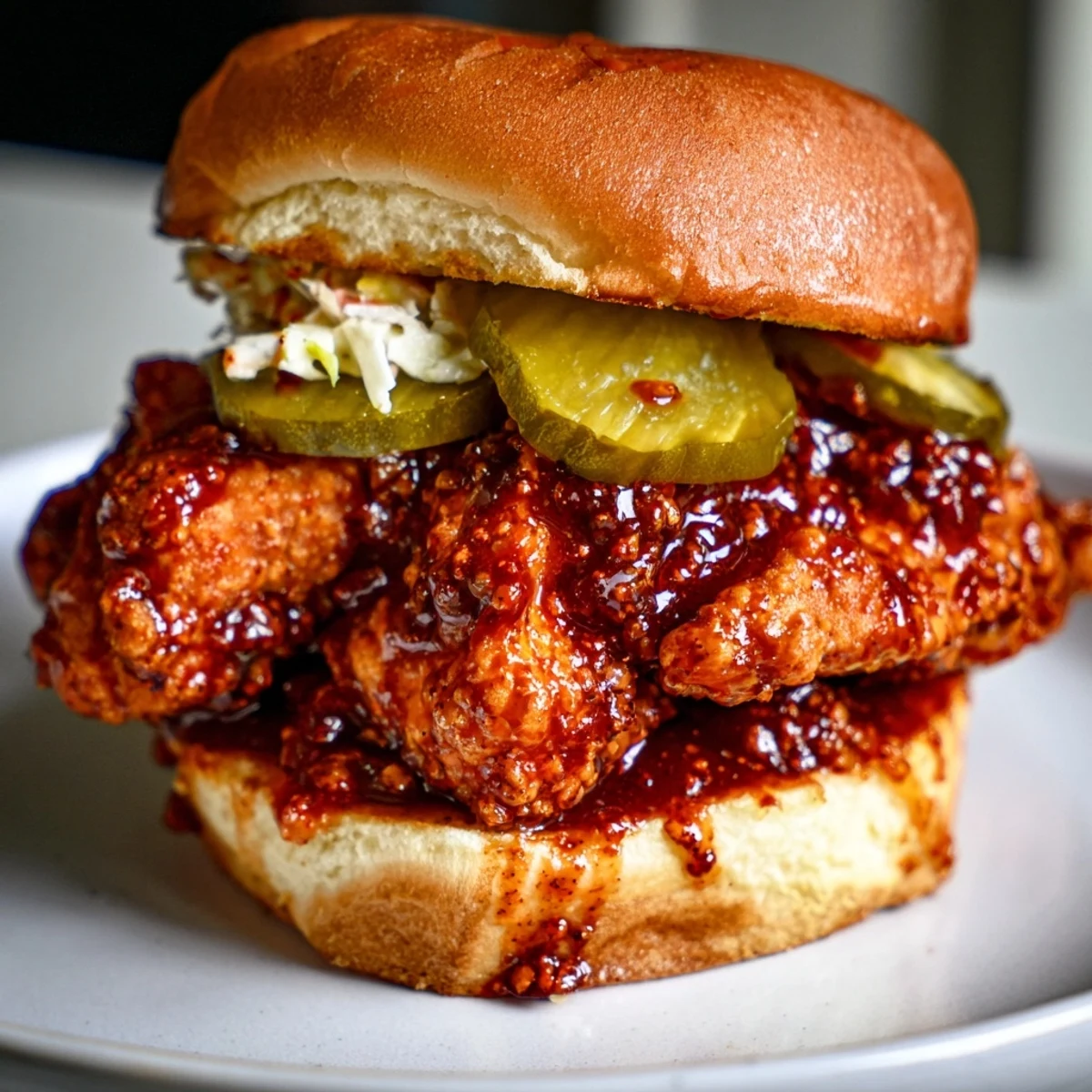 Close shot shows Spicy Nashville Hot Chicken Sandwiches Recipe To Savor with crunchy slaw.
