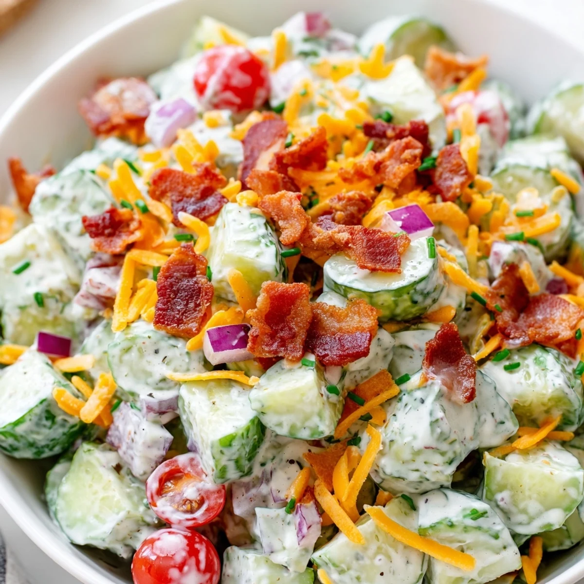 Cucumber Ranch Crack Salad piled in bowl, crisp cucumbers, smoky bacon topping