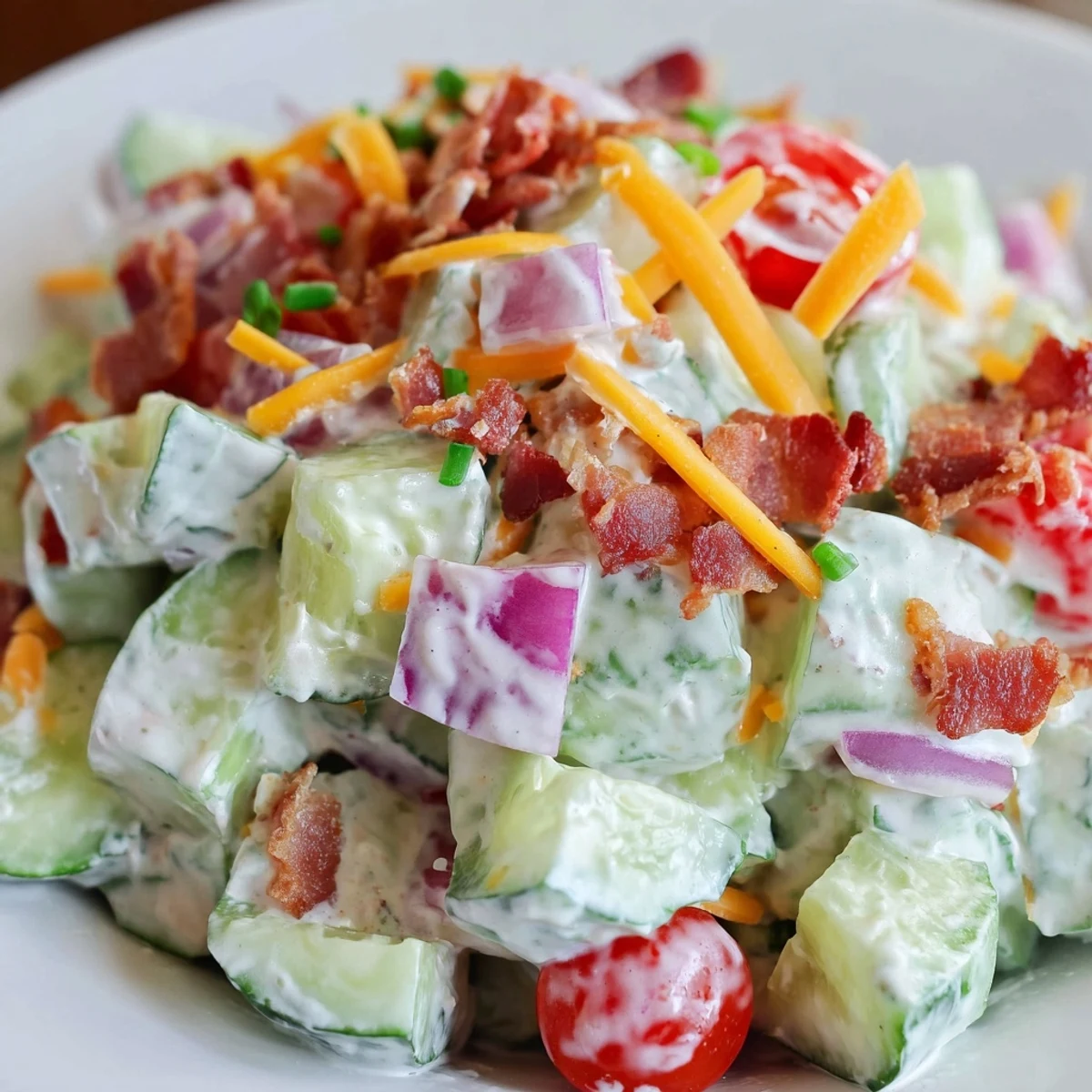 Cucumber Ranch Crack Salad tossed with creamy dressing, chives, crunchy bacon