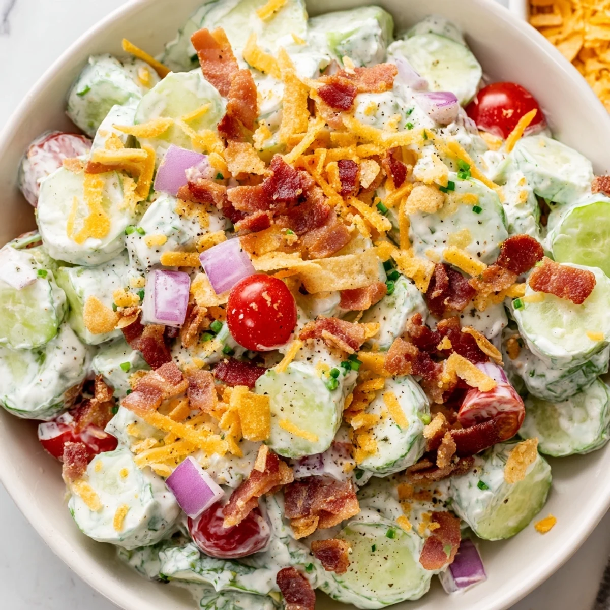 Creamy Cucumber Ranch Crack Salad with cheddar, crushed chips, ready for potlucks