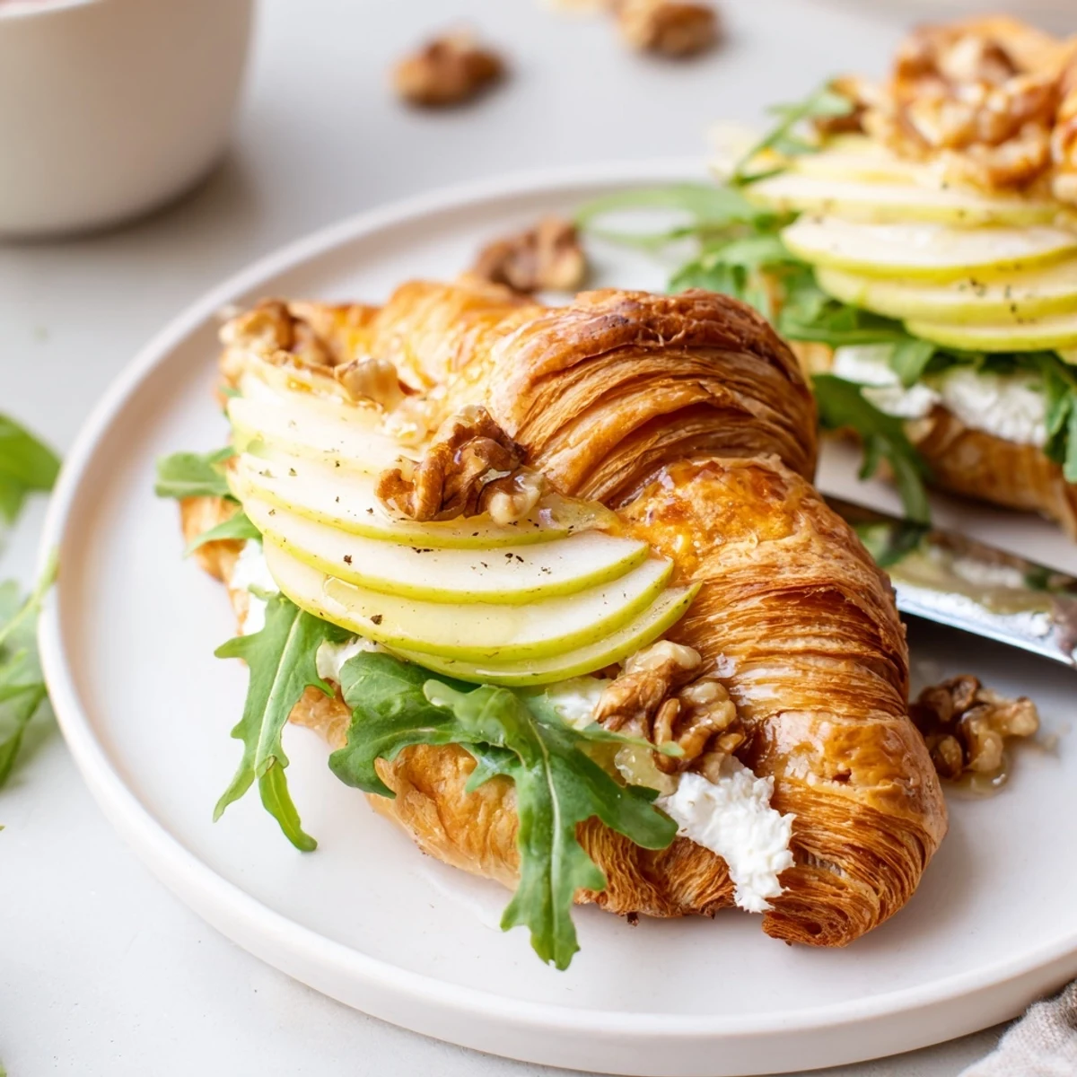 Toasted Apple Goat Cheese Croissant Sandwich drizzled with honey, arugula for peppery bite