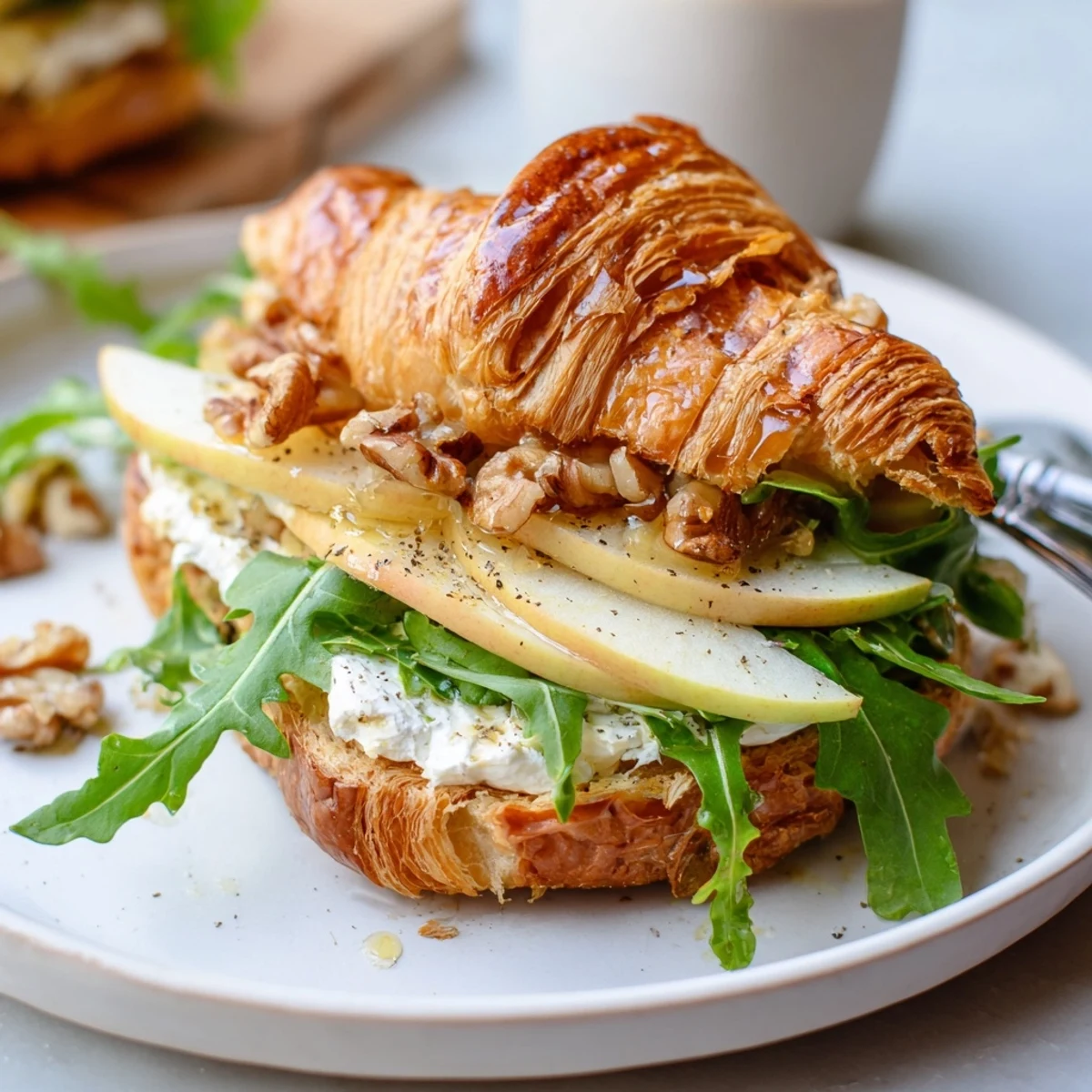 An Apple Goat Cheese Croissant Sandwich sliced open, buttery layers, creamy cheese, crisp apples