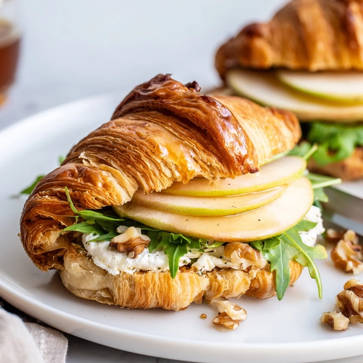 Picnic-ready Apple Goat Cheese Croissant Sandwich with flaky layers, walnut crunch, bright greens