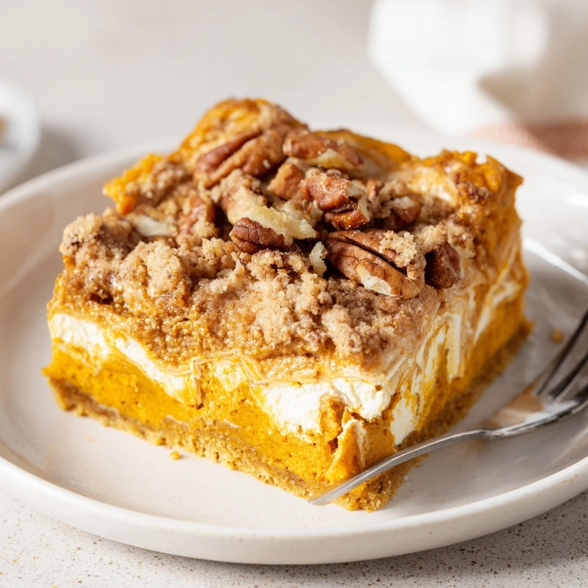 Warm Pumpkin Dump Cake with golden pecan topping and melting vanilla ice cream