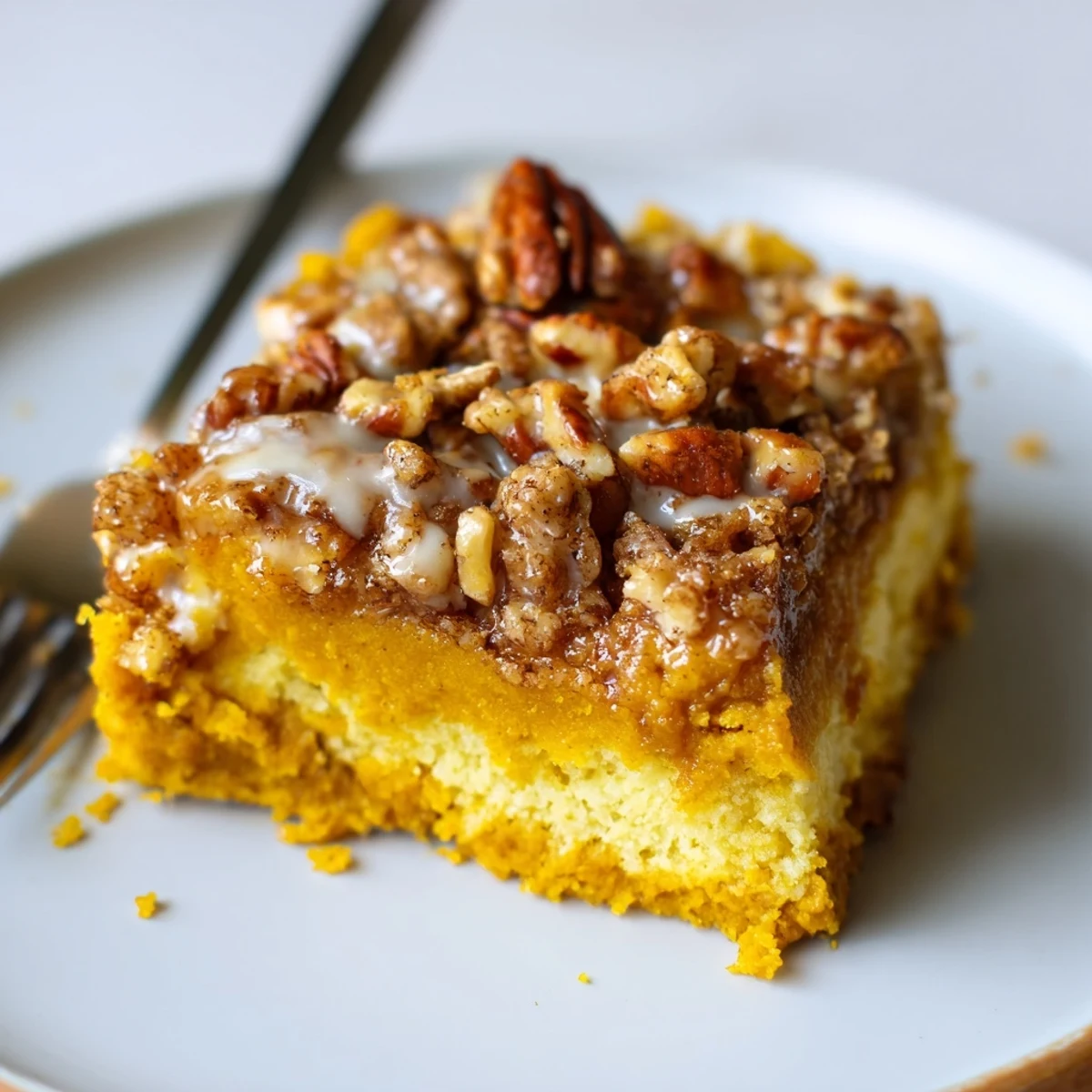 A slice of Pumpkin Dump Cake cooling in pan, spiced aroma rising