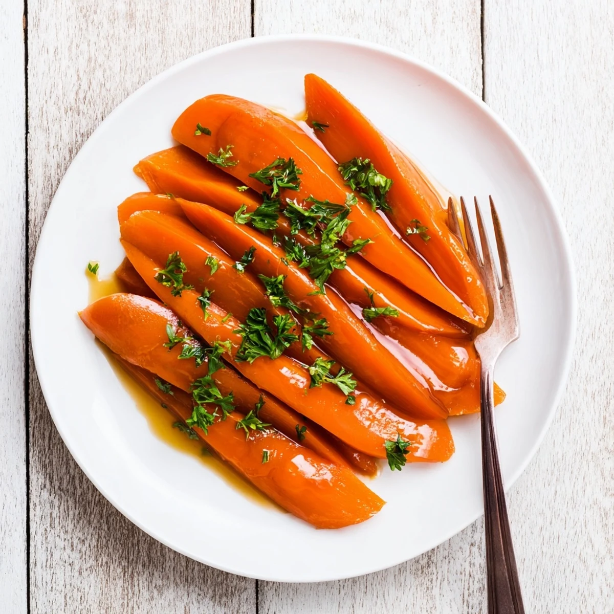 Golden glazed carrots glistening with buttery brown sugar coating on a white serving plate
