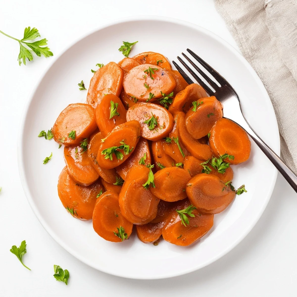 Tender carrot slices simmered in sweet butter glaze garnished with fresh green parsley