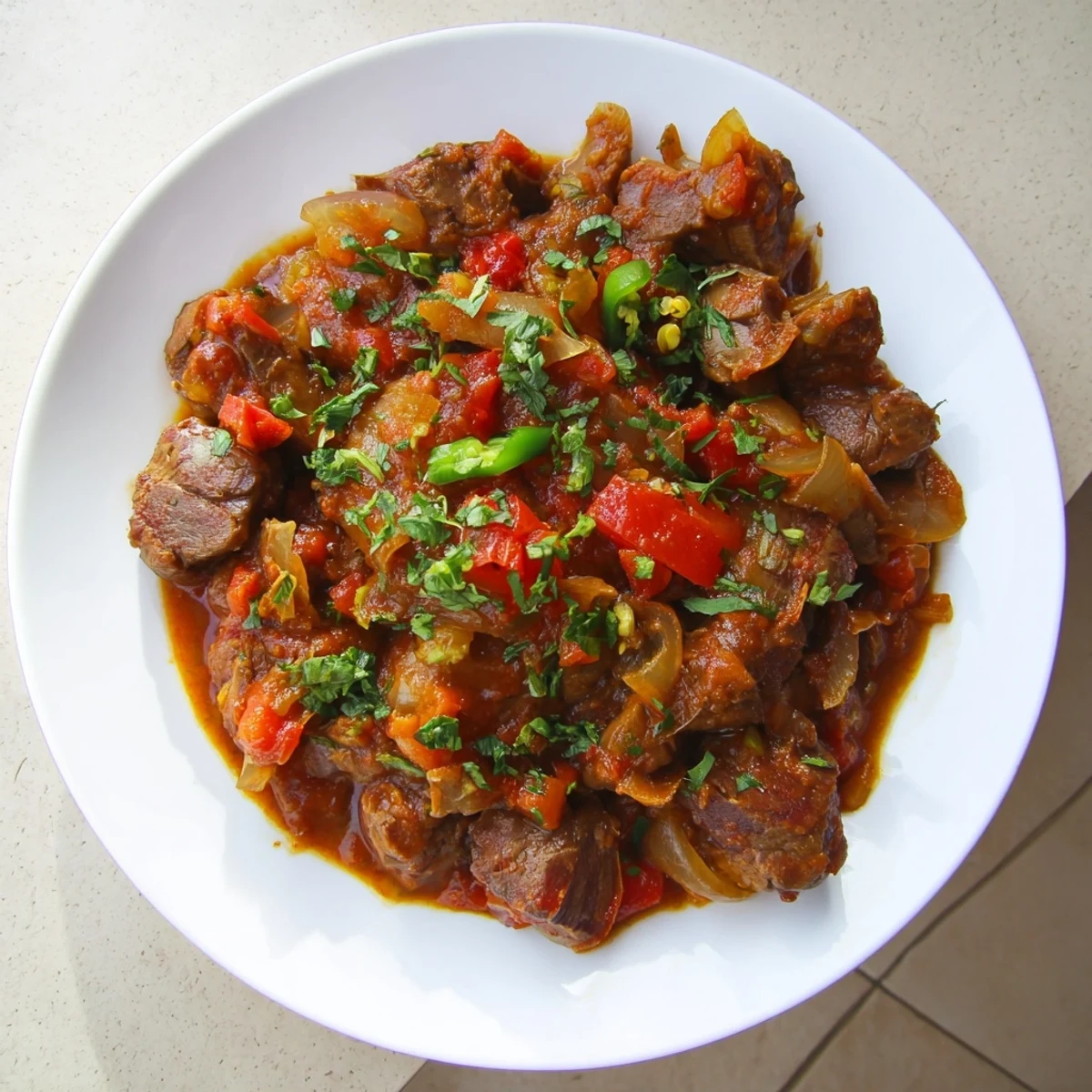 Savory Kenyan goat wet fry featuring tender meat pieces coated in rich tomato-based sauce with fresh cilantro garnish.
