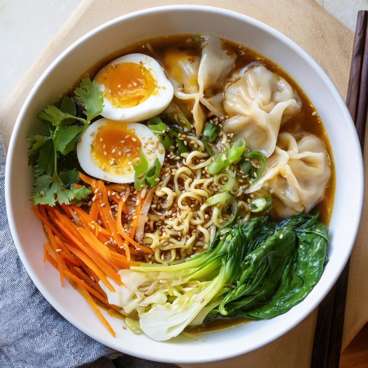 Steaming bowl of dumpling ramen featuring soft boiled eggs and fresh vibrant greens