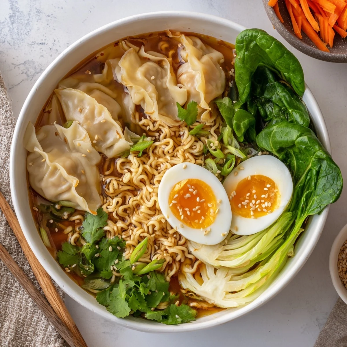 Savory dumpling ramen bowl with creamy soft boiled eggs and crisp fresh greens