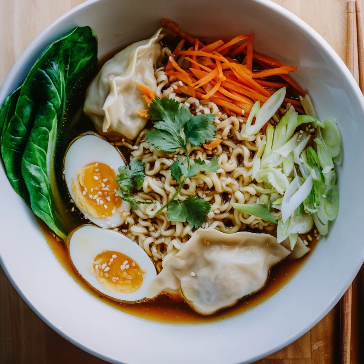 Comforting dumpling ramen bowl showcasing soft boiled eggs alongside fresh baby spinach greens