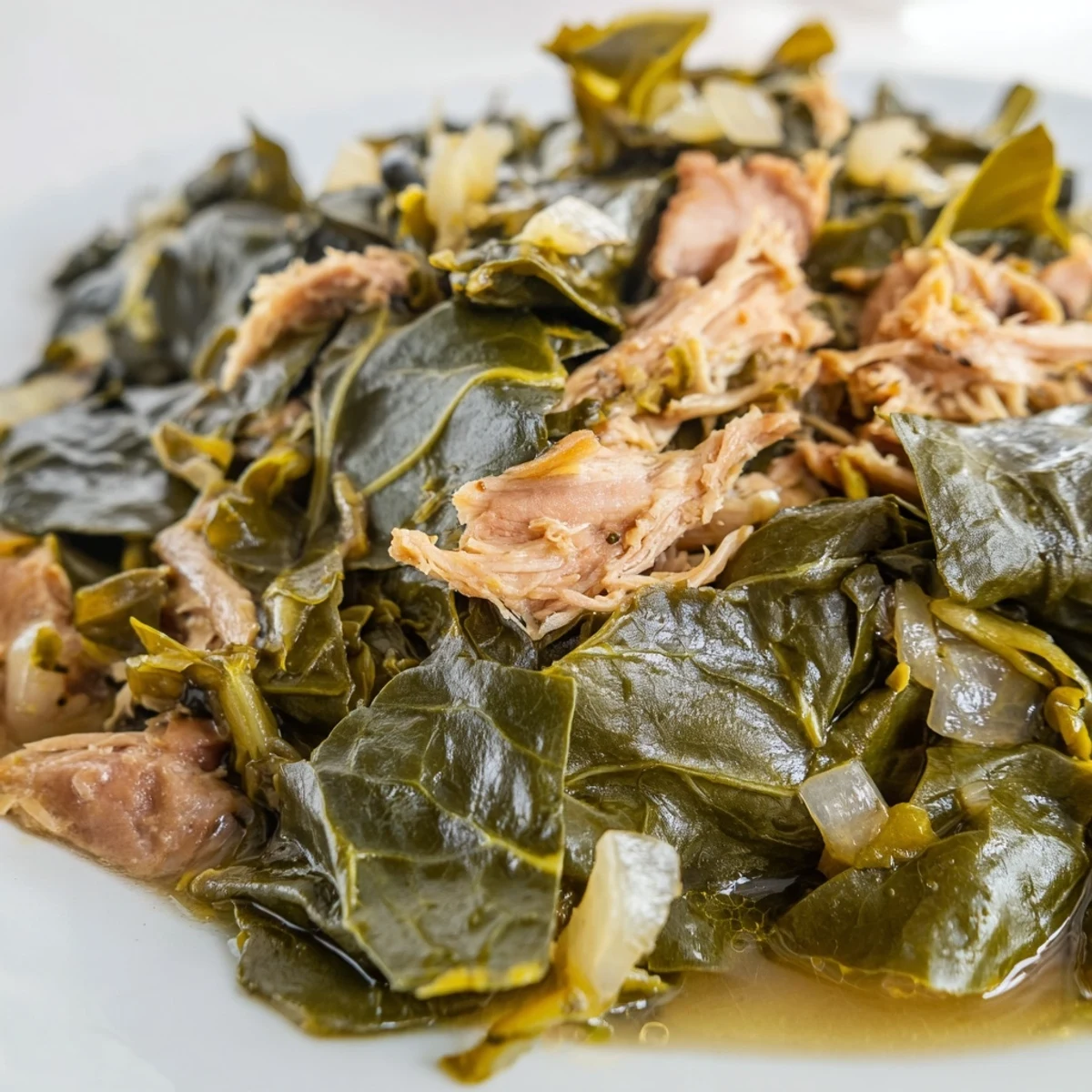 Golden slow-cooked collard greens simmer in a rich broth with tender smoked meat pieces in a rustic Dutch oven