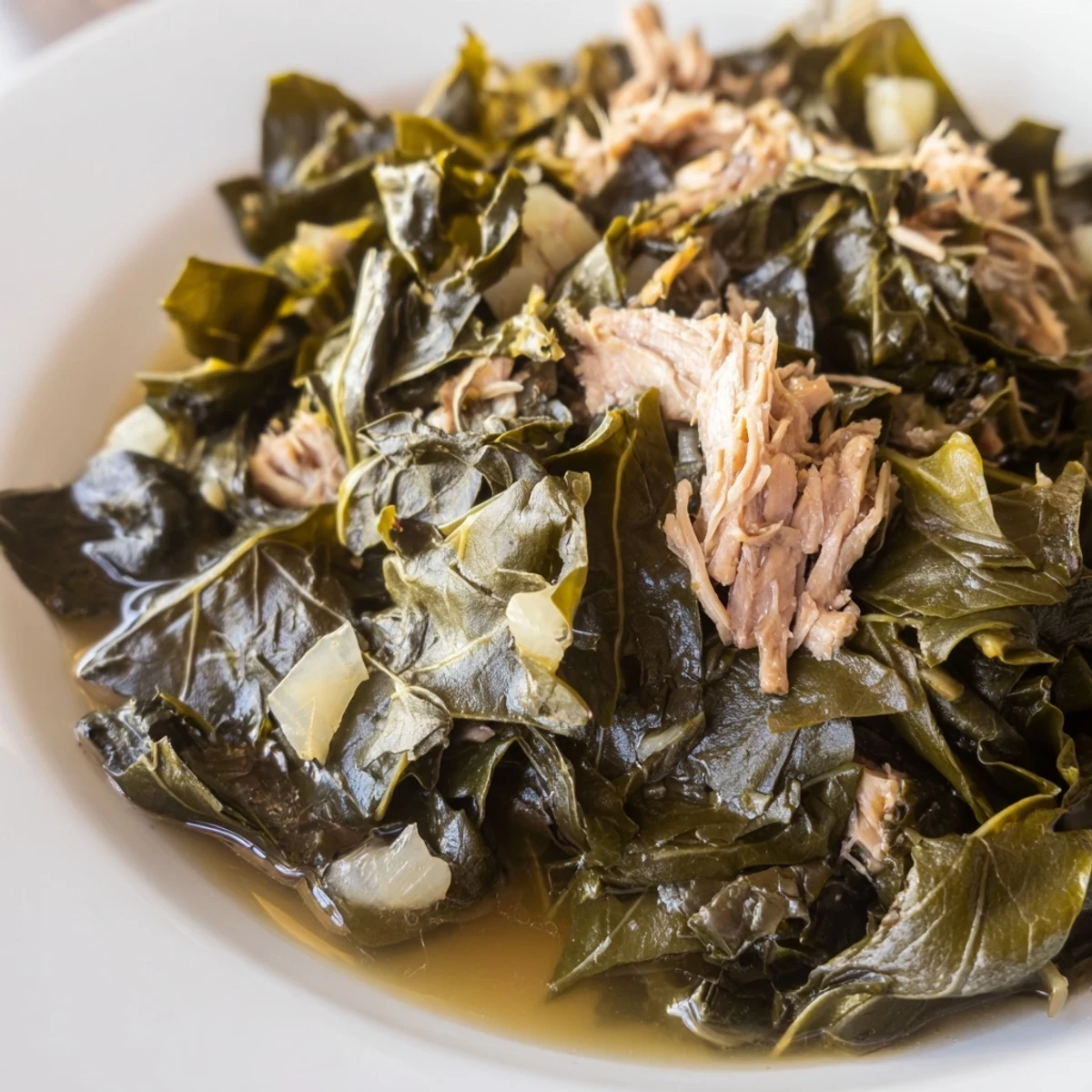 Deep green collard greens wilted to perfection, served steaming hot in a classic white ceramic bowl alongside cornbread