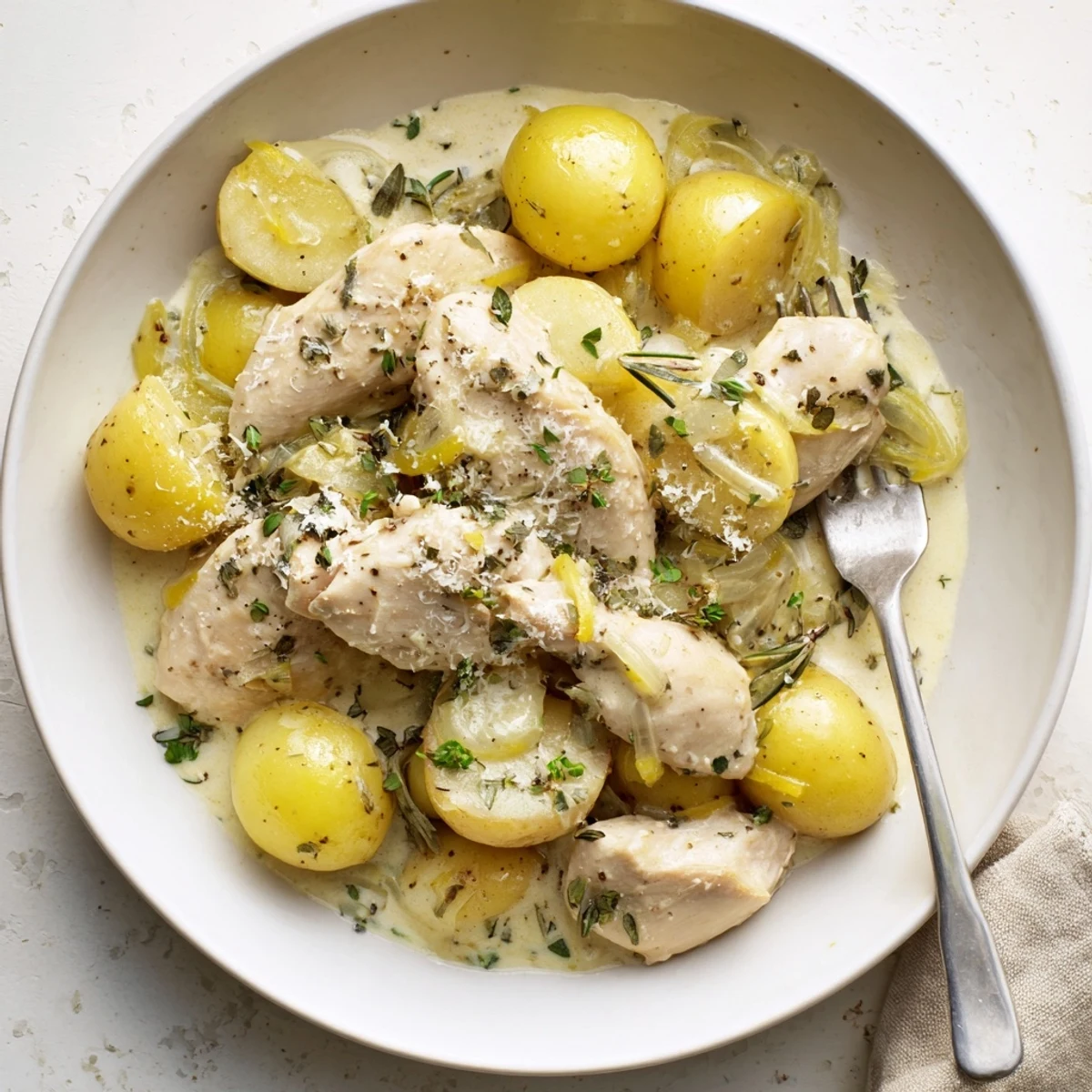 Golden brown chicken breasts nestled in creamy herb sauce with tender baby potatoes