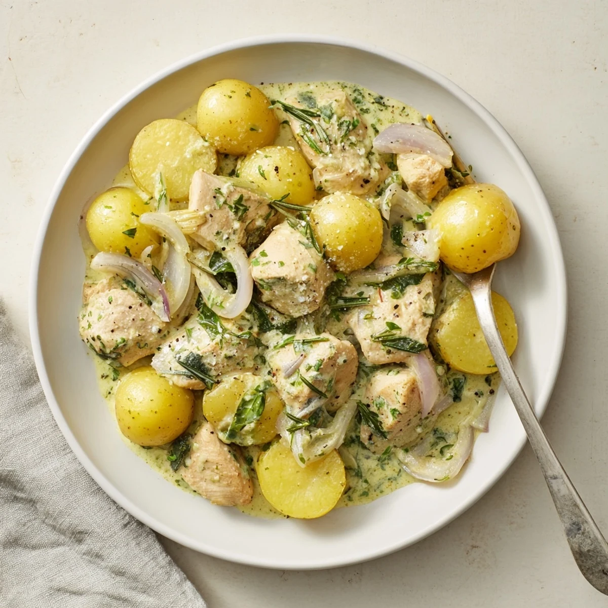 Comforting one-pan creamy herb chicken and potatoes dish topped with fresh green parsley