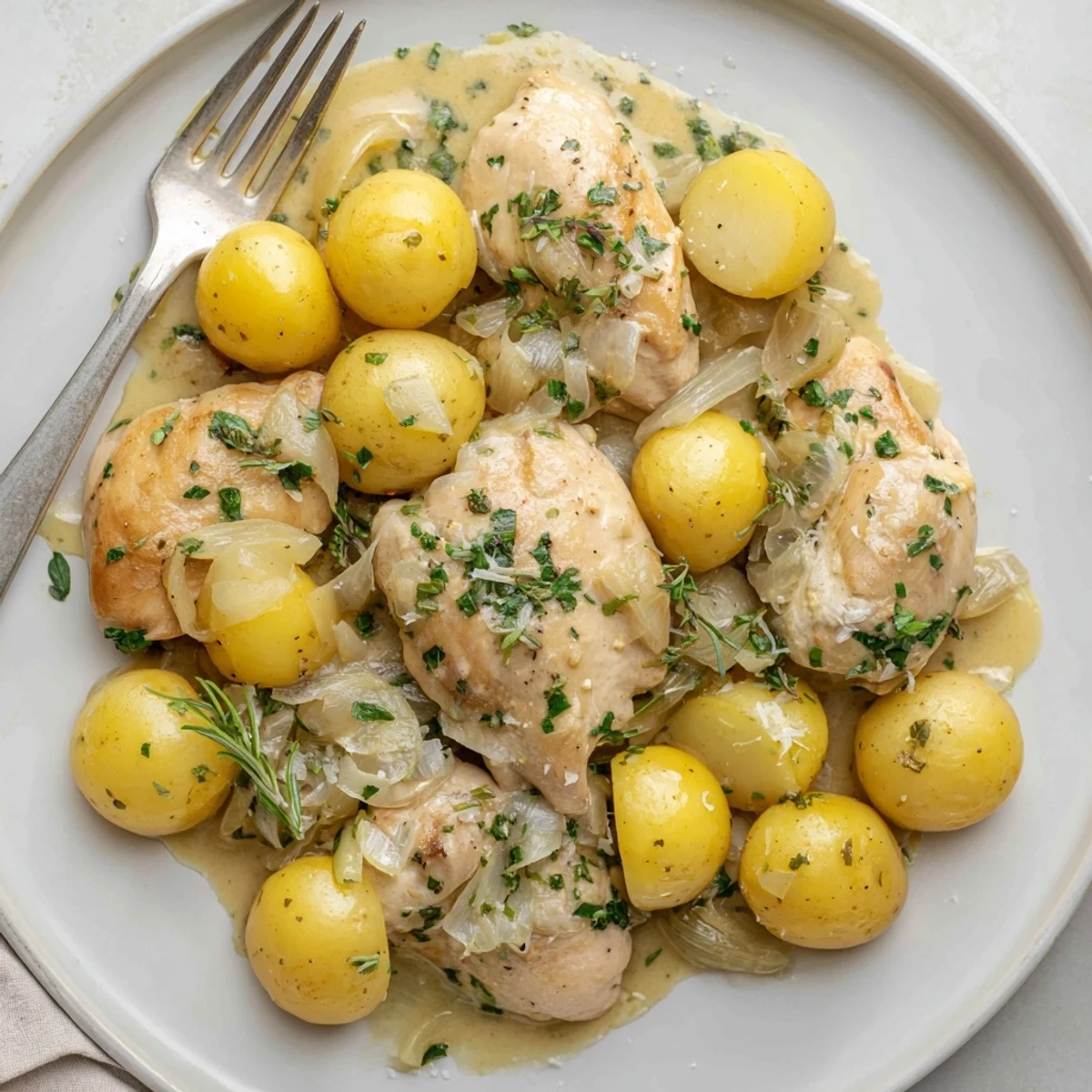 Savory chicken and baby potatoes simmered in luscious garlic herb cream sauce