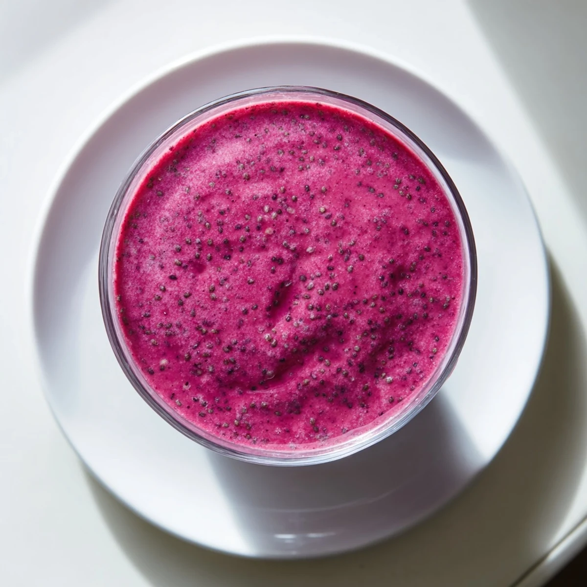 Thick purple chia seed smoothie with floating black seeds in a clear glass