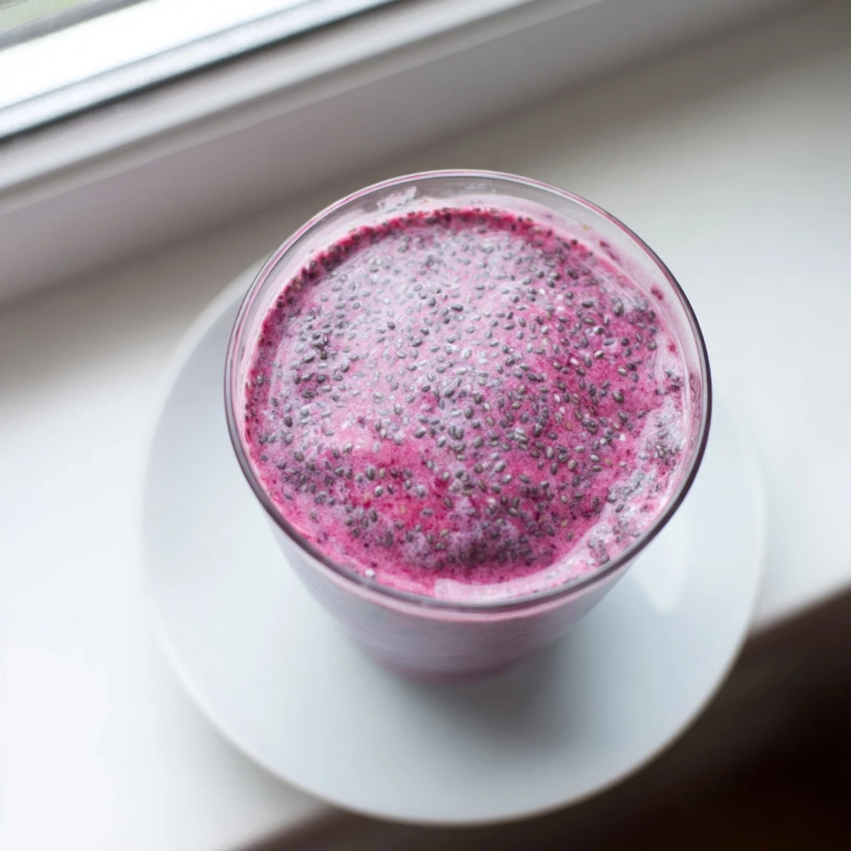 Refreshing chia seed smoothie poured into two glasses topped with extra seeds and granola