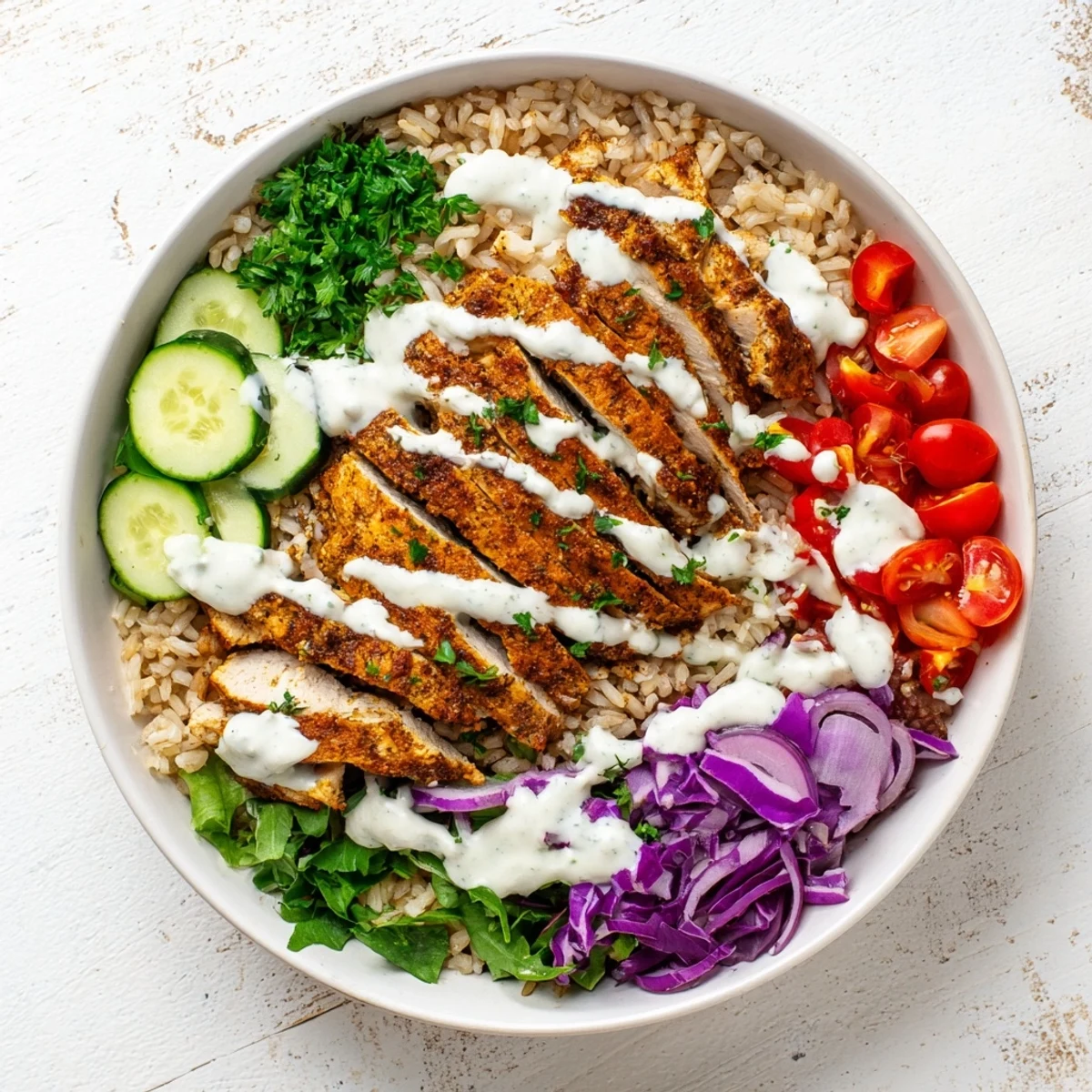Golden spiced chicken shawarma bowl topped with creamy tahini sauce over fresh vegetables