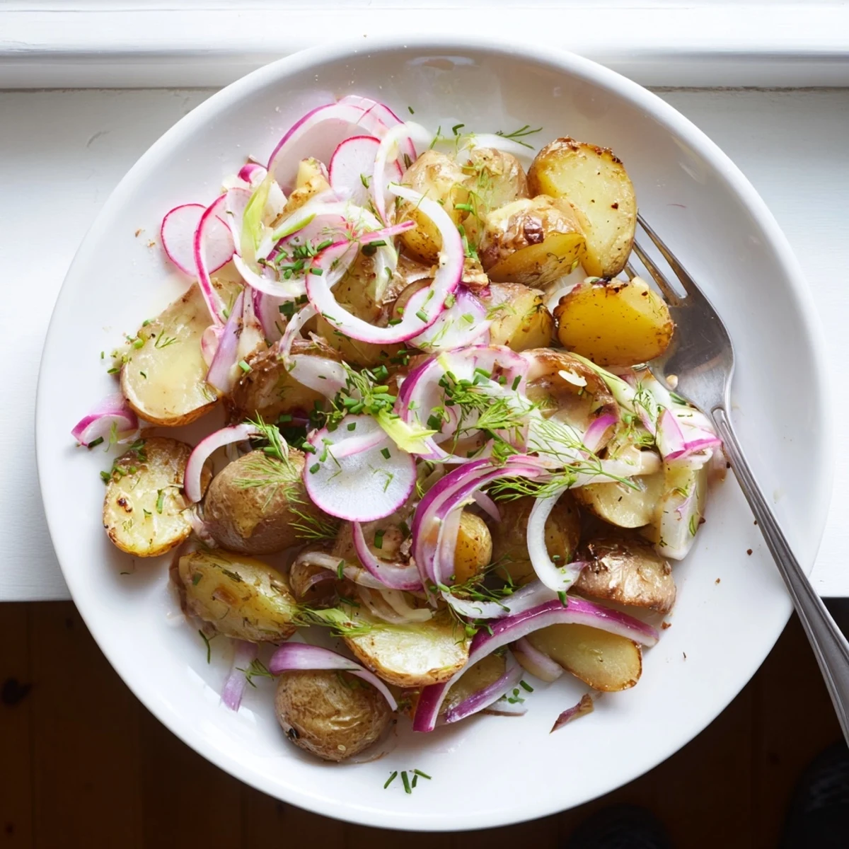 Golden roasted potato salad tossed with fresh herbs and tangy mustard dressing