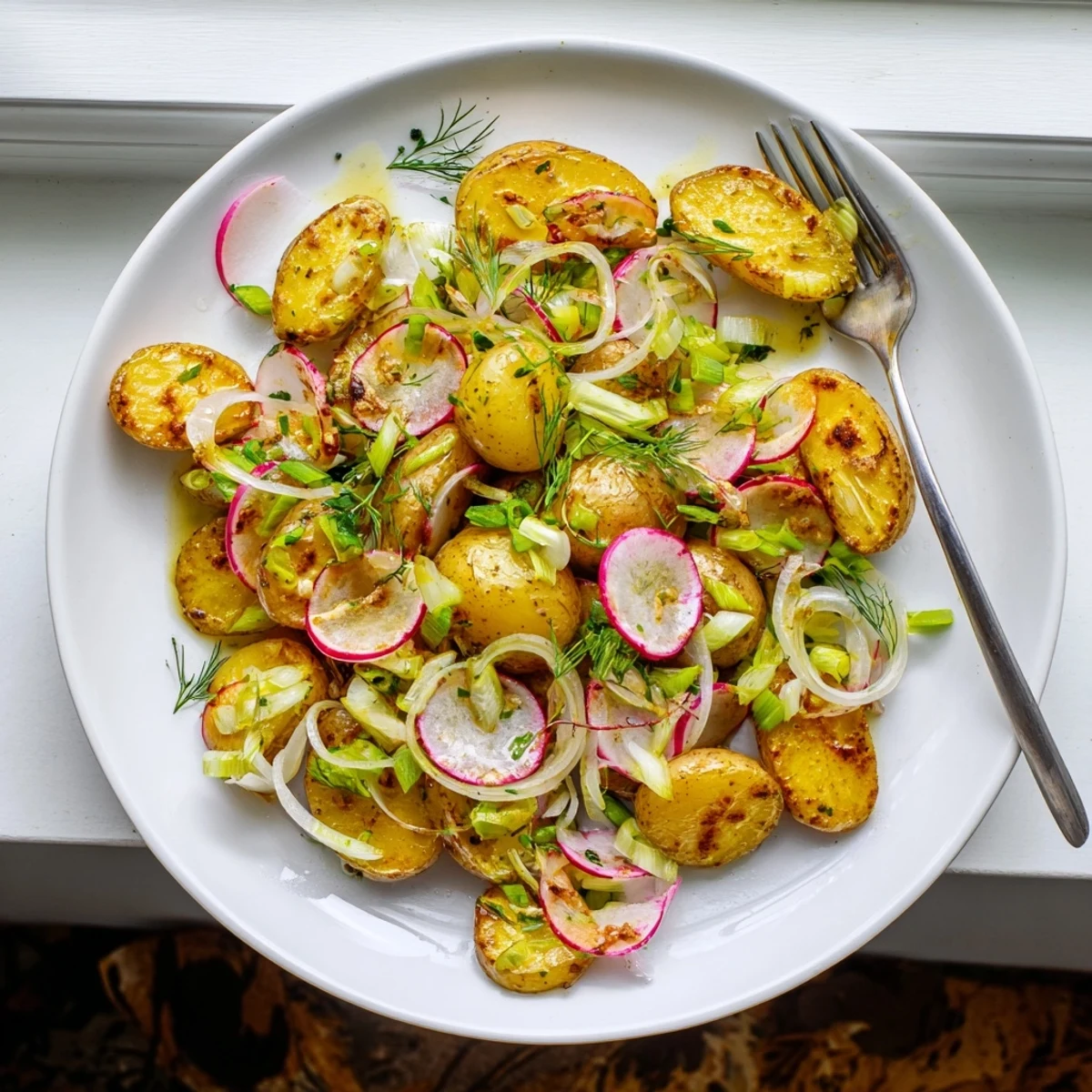 Crispy roasted potato salad with red onion celery and vibrant green chives