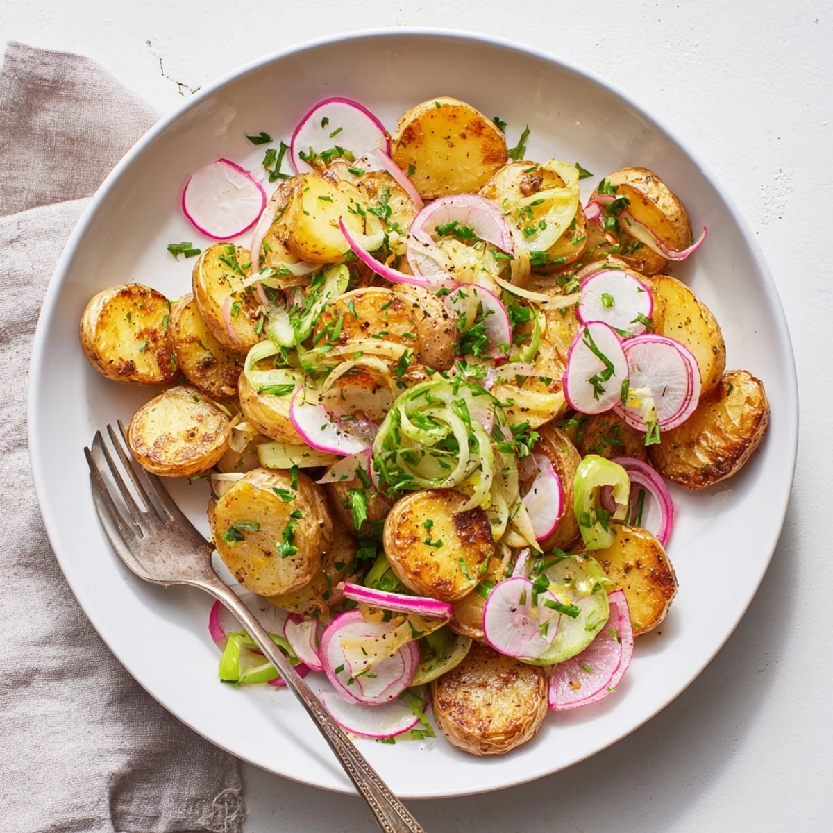 Warm roasted potato salad featuring tender golden potatoes coated in zesty dressing