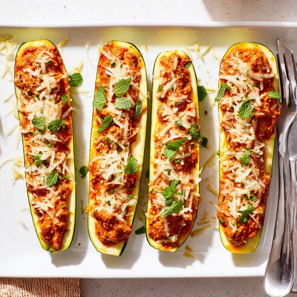 Golden butter chicken stuffed zucchini boats garnished with fresh cilantro and mint