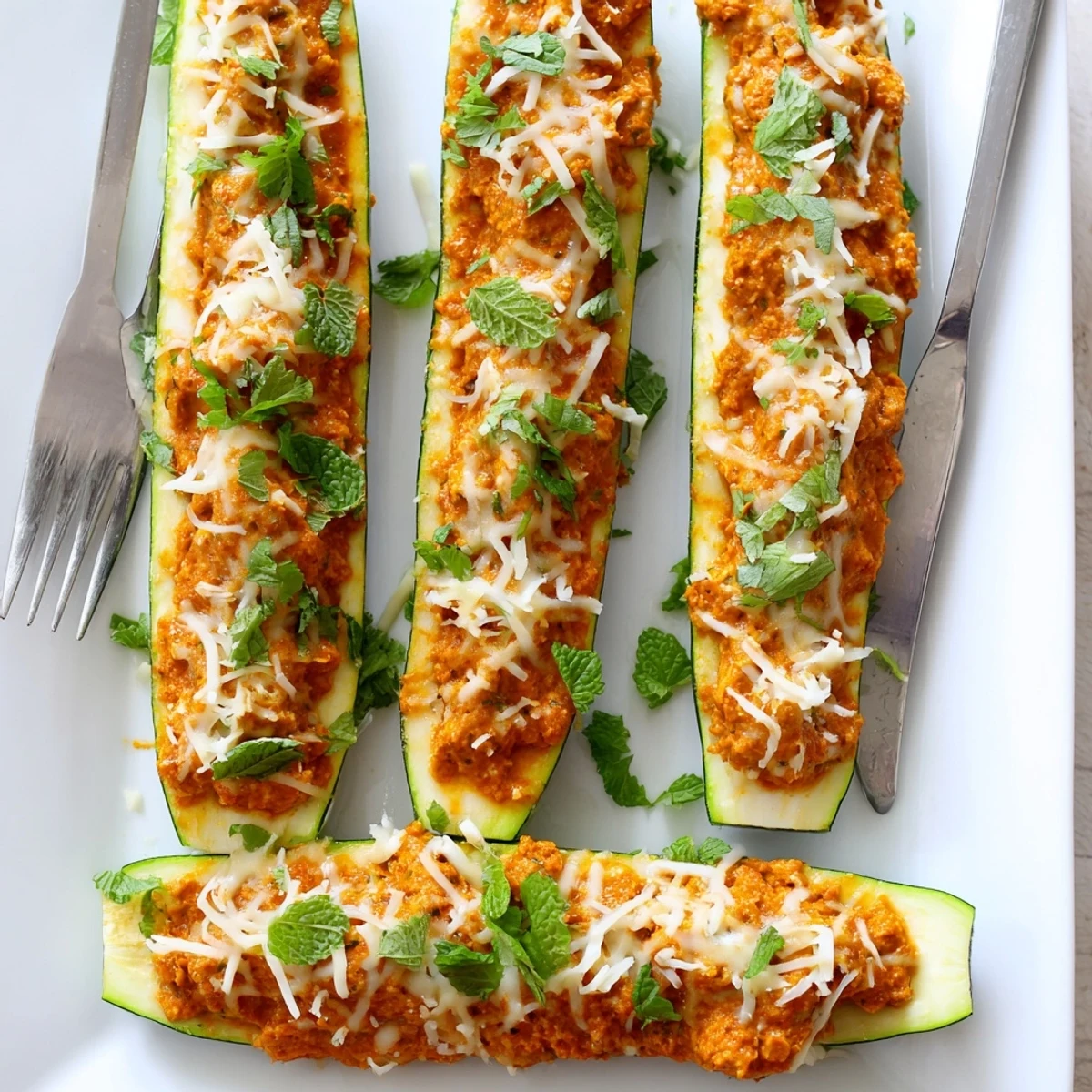 Creamy Indian spiced chicken filling baked inside tender roasted zucchini halves