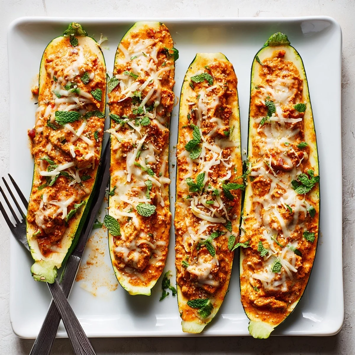 Savory butter chicken zucchini boats topped with melted mozzarella and herbs