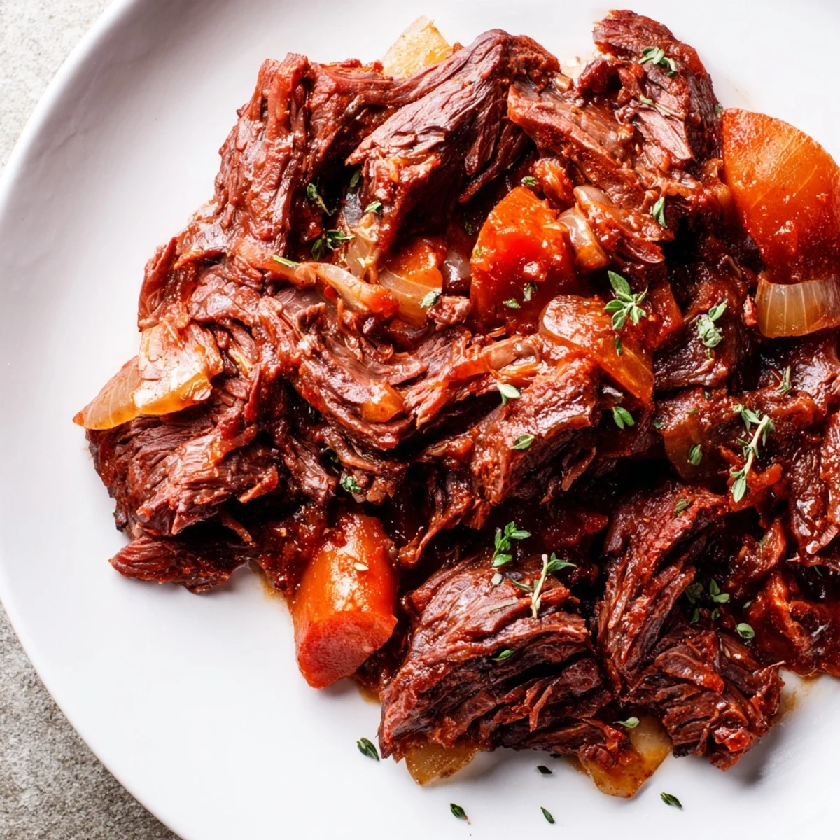 Meltingly tender herb braised beef chuck roast plated with roasted vegetables and sauce