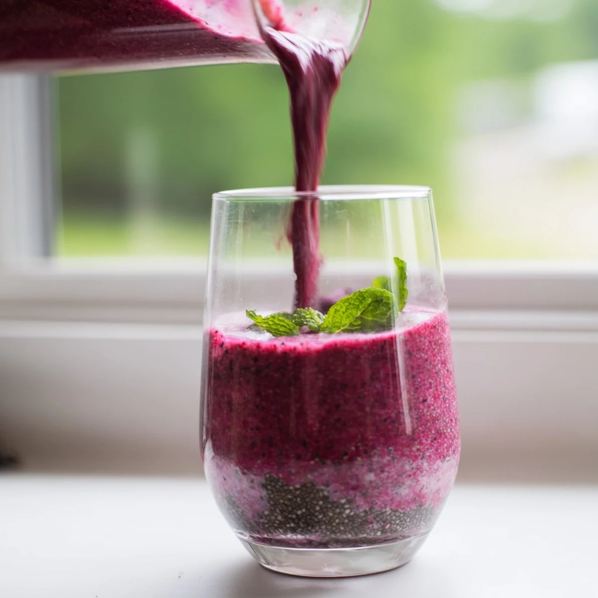 Vibrant magenta beet smoothie poured into a glass with fresh fruit garnish and visible creamy texture