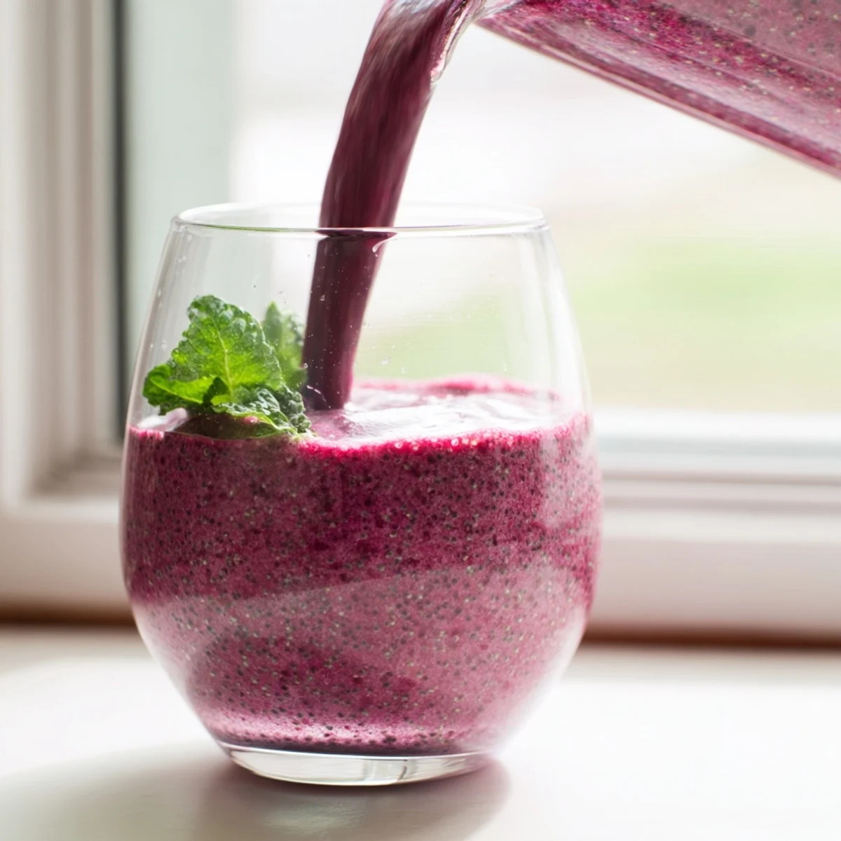 Fresh beet smoothie in a clear glass showing layered pink hues from yogurt and mixed berries