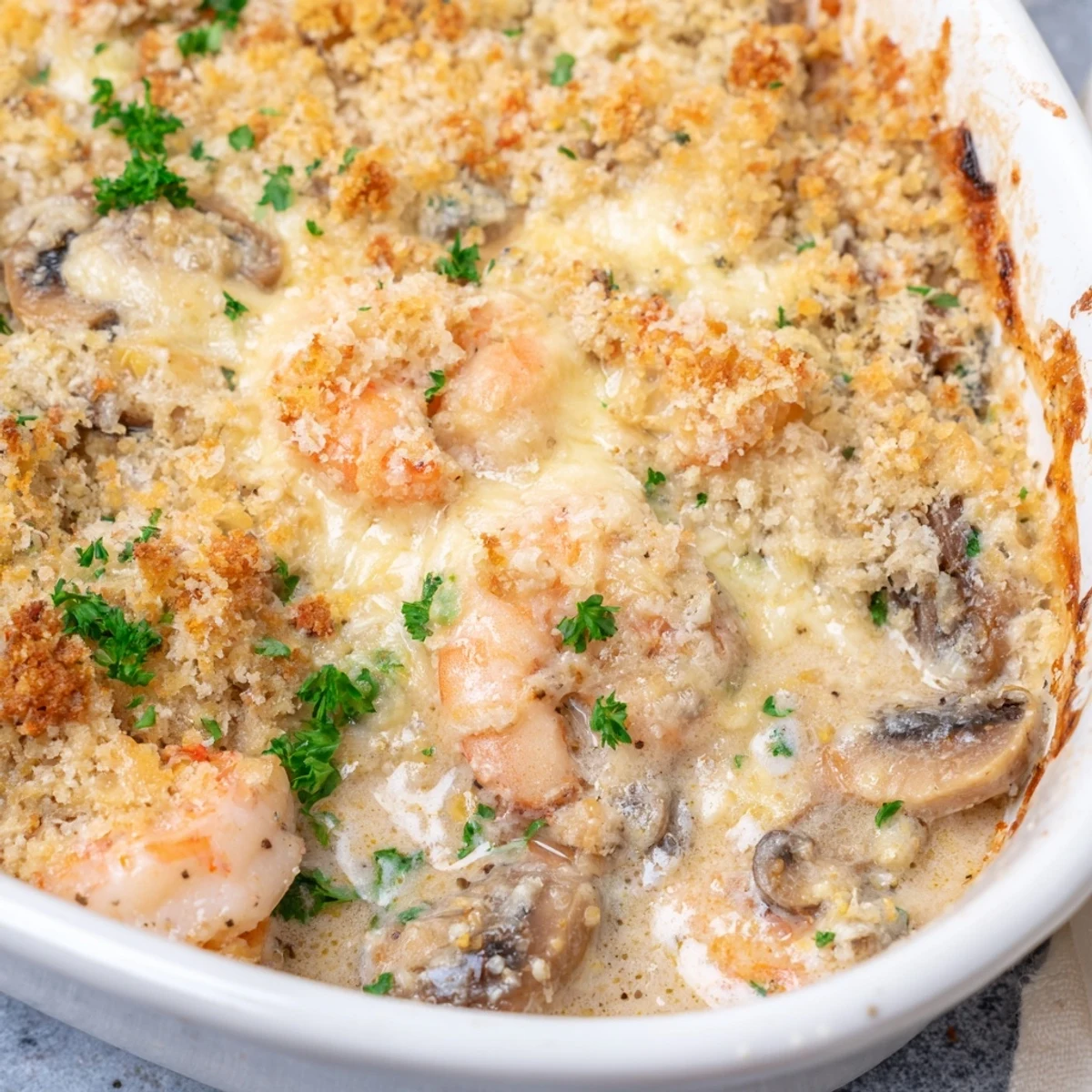 Golden baked shrimp mushroom casserole with crispy panko topping and bubbling creamy sauce
