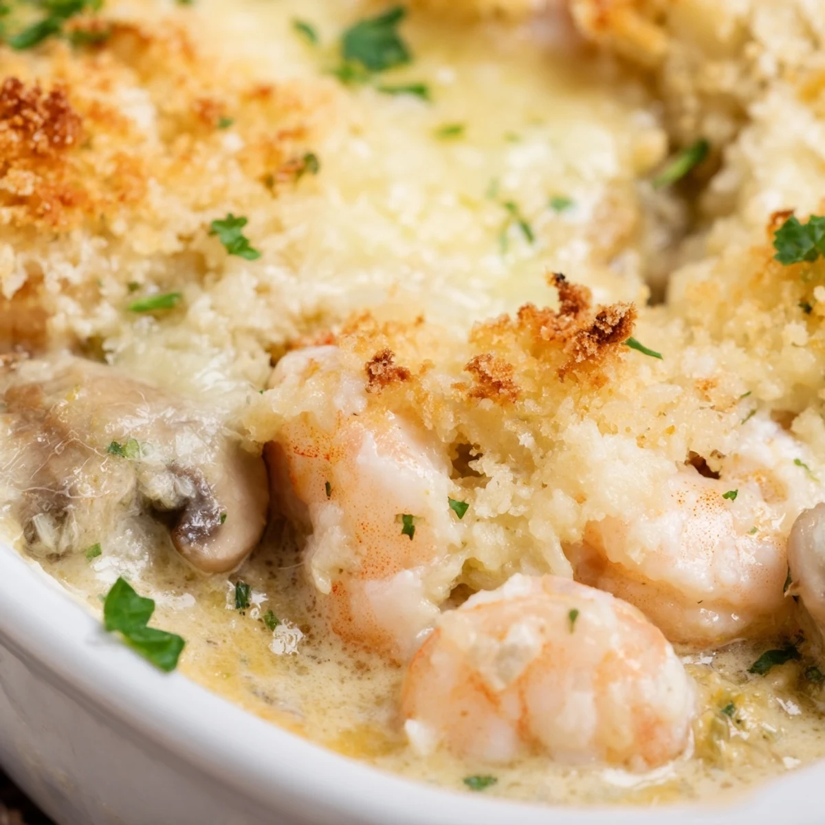 Family style shrimp mushroom casserole fresh from the oven with golden breadcrumb crust
