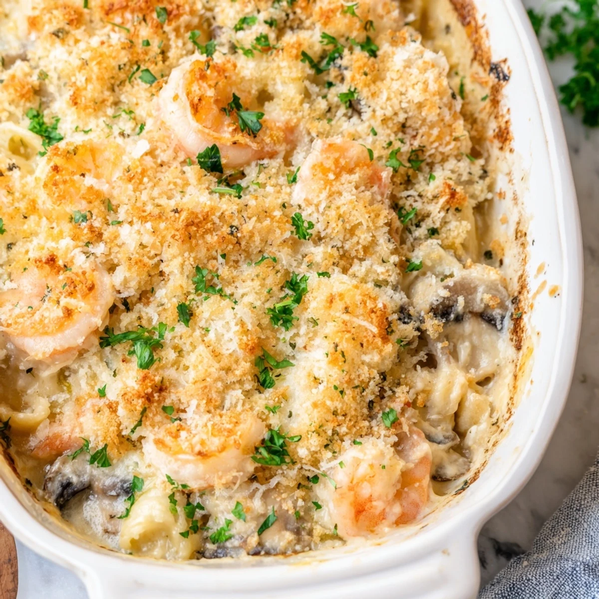 Creamy shrimp mushroom casserole featuring tender shrimp and earthy mushrooms in a rich savory sauce