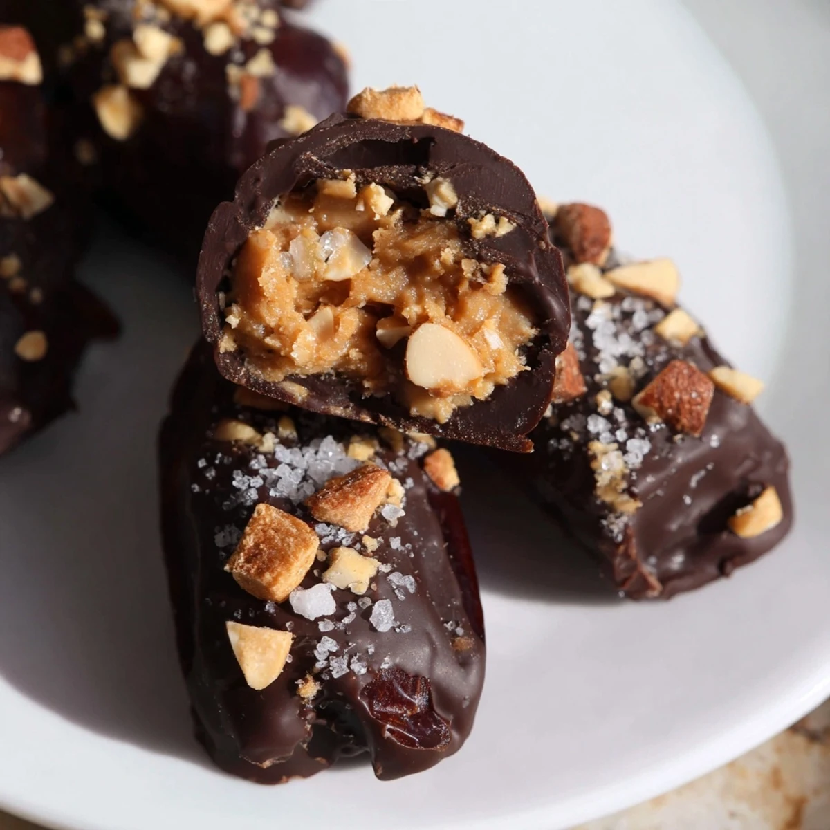 Bite-sized date Snickers candy alternatives featuring roasted peanuts and sea salt atop glossy chocolate-covered Medjool dates
