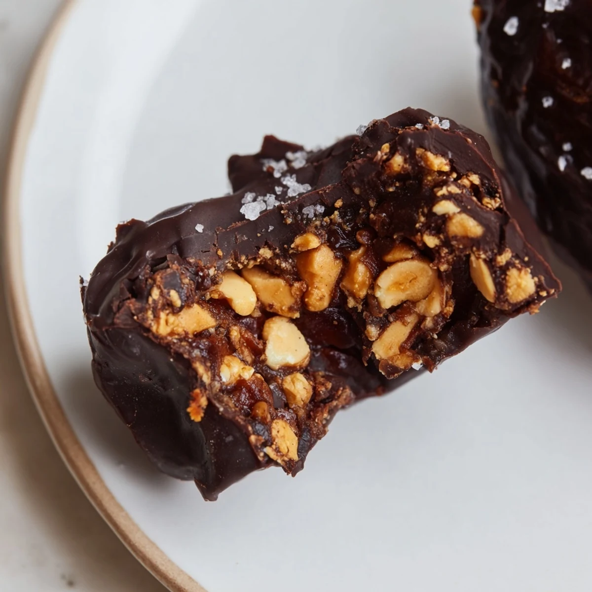 Homemade stuffed date Snickers with creamy peanut butter filling and dark chocolate coating drizzled on parchment paper