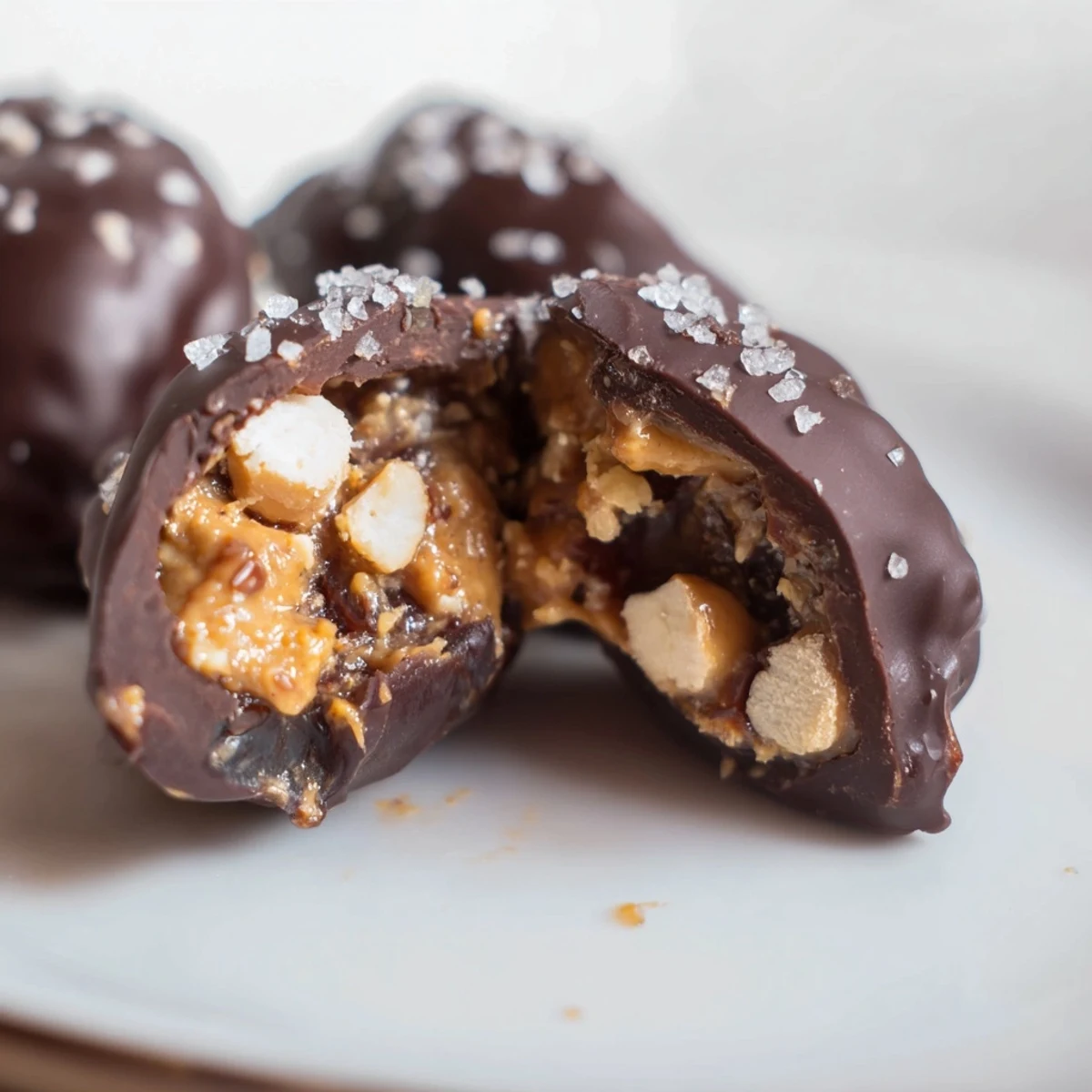 No-bake healthier date Snickers arranged on white plate, showcasing layered nut butter filling and rich chocolate shell