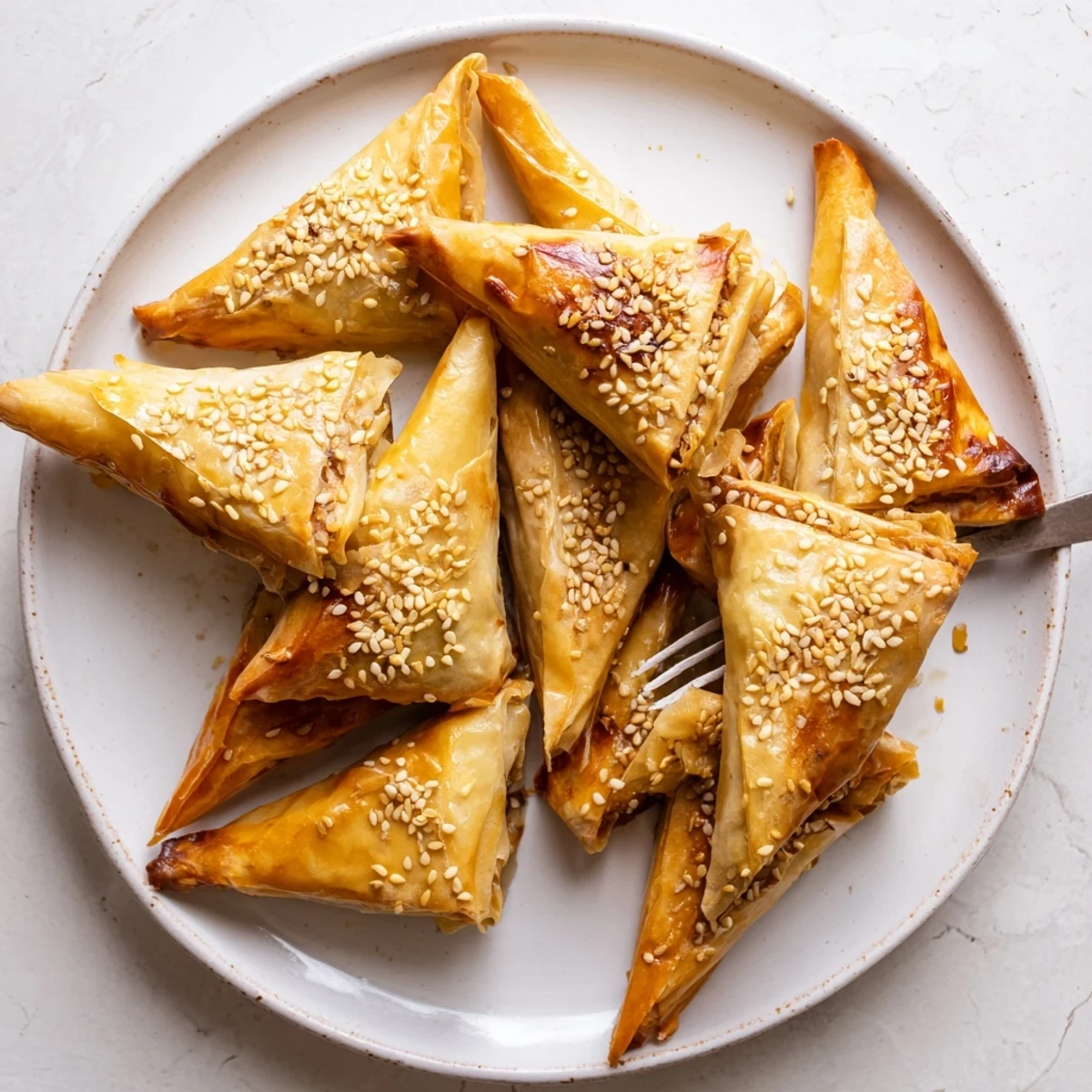 Crispy phyllo-wrapped Moroccan chicken briouats sprinkled with sesame seeds after baking