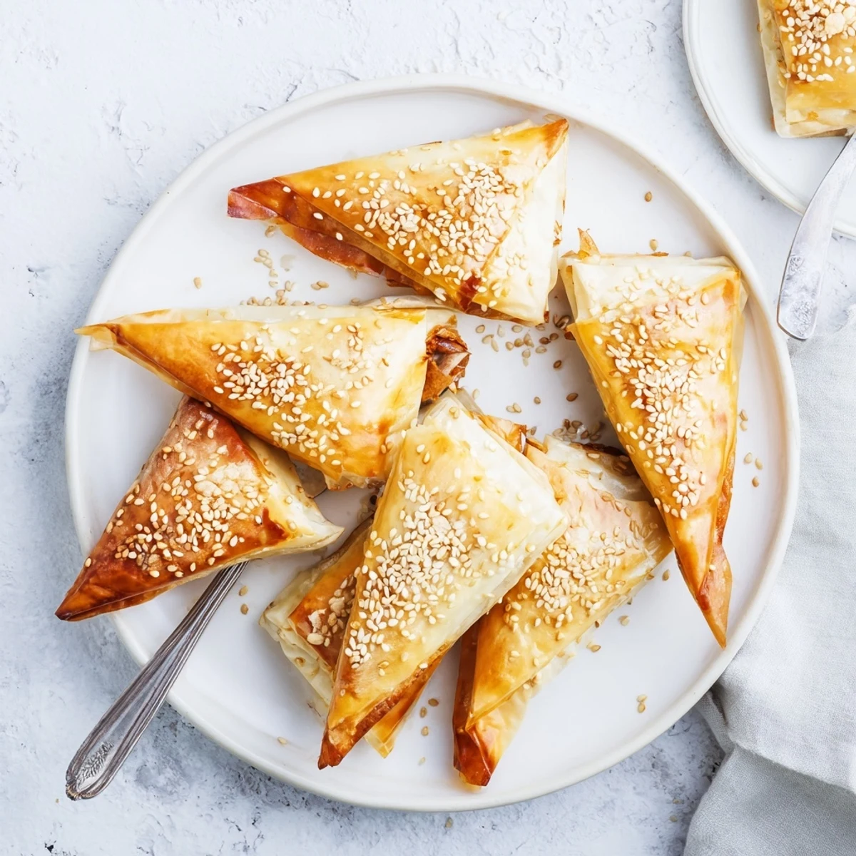 Golden brown Moroccan spiced chicken briouats arranged on a white serving platter