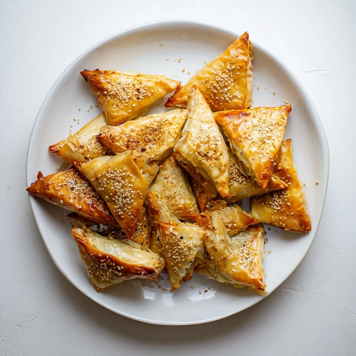 Triangle-shaped Moroccan spiced chicken briouats displayed alongside harissa dipping sauce