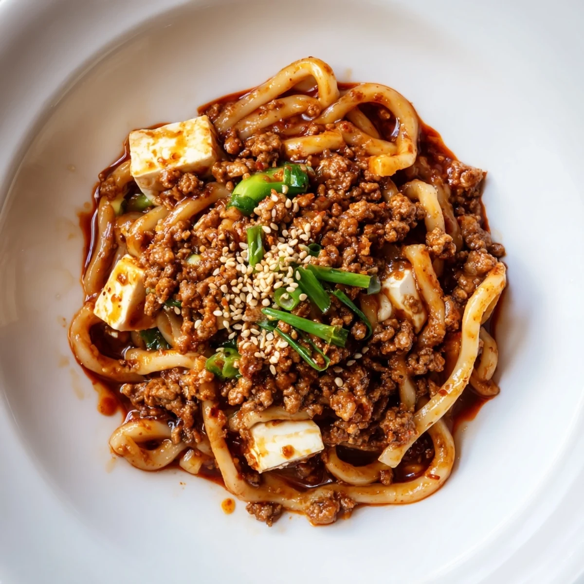 Steaming bowl of Mapo Tofu Udon features thick chewy noodles topped with spicy red sauce and soft tofu cubes in a rich broth