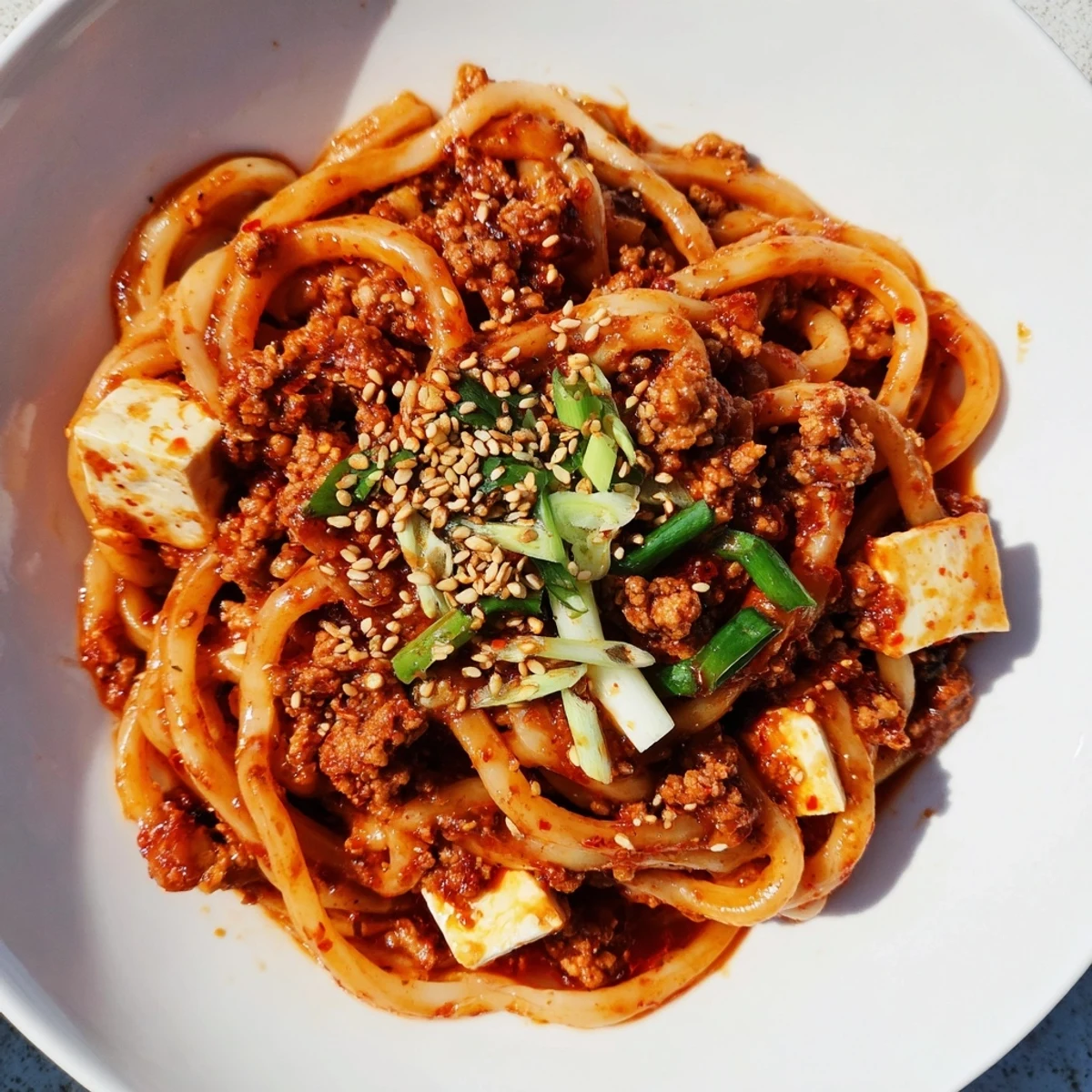 Close-up of Mapo Tofu Udon showcasing glossy chili-coated udon noodles garnished with fresh green onions and sesame seeds