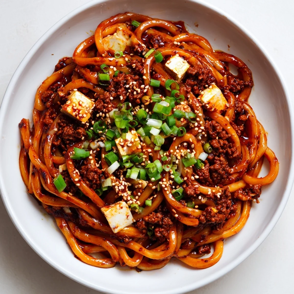 Japanese udon noodles smothered in Sichuan-style Mapo Tofu sauce with ground pork and silken tofu in a deep bowl