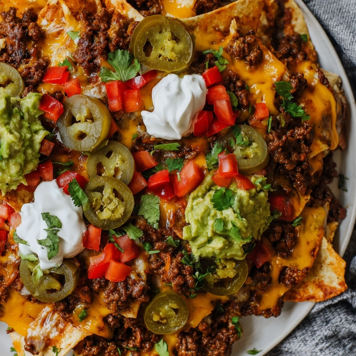 Crispy Texas nachos loaded with melted cheddar and seasoned beef topped with fresh tomatoes