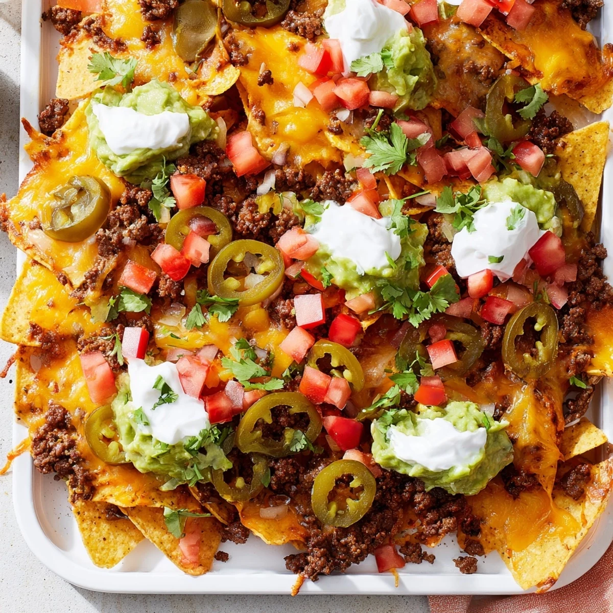 Hearty Texas nachos piled high with beef, cheese, jalapeños and fresh cilantro garnish