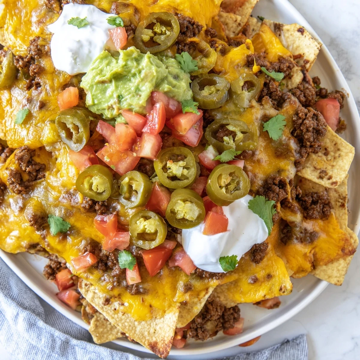 Golden tortilla chips smothered in melted cheese and spiced beef for classic Texas nachos