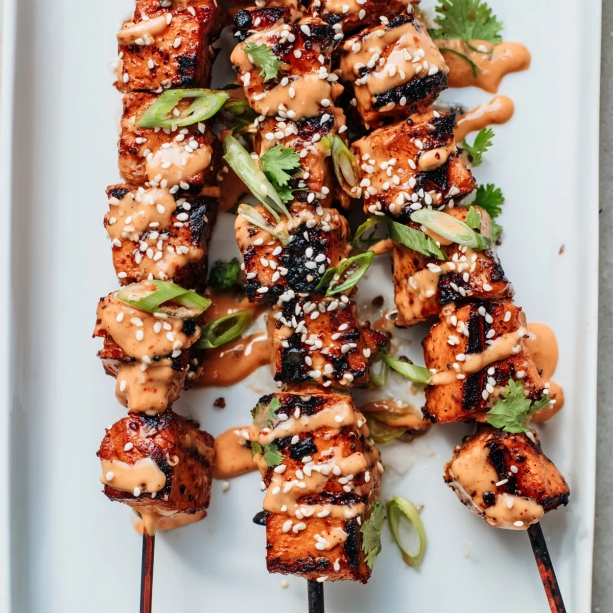 Golden grilled Bang Bang chicken skewers coated in creamy spicy sauce with sesame seeds