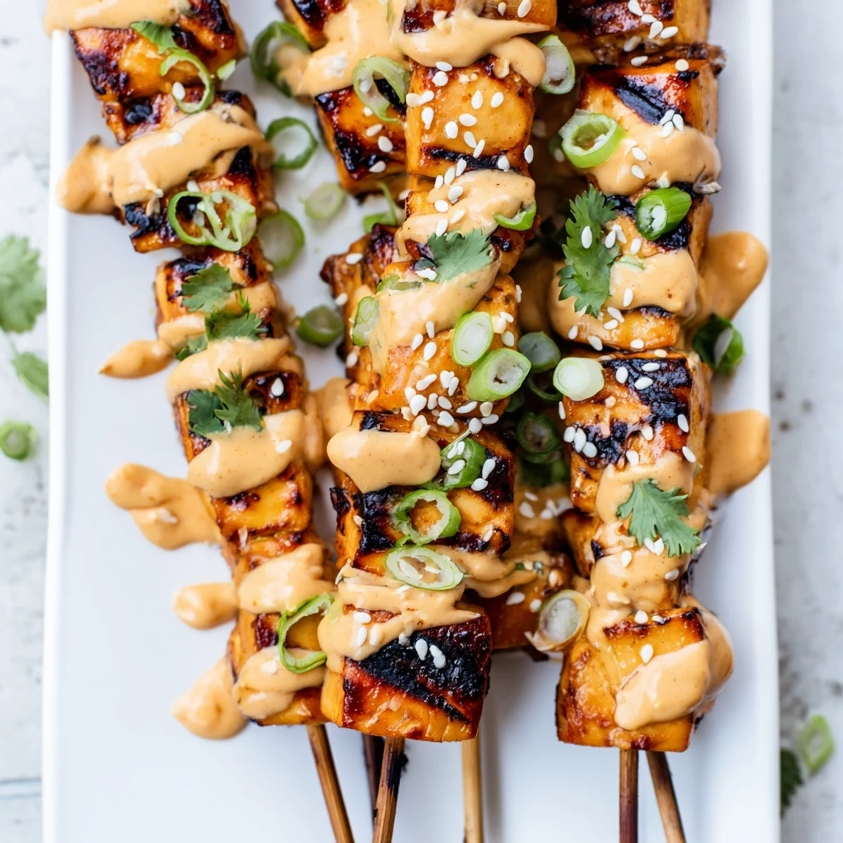 Juicy Bang Bang chicken skewers drizzled with sweet chili mayonnaise and fresh scallions